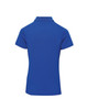 A fitted, short-sleeved polo shirt in bright blue with a collar and a logo on the back.