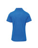 A women's blue polo shirt with a classic collar and short sleeves, featuring a logo on the back.