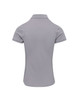 A grey women's polo shirt with a short sleeve and a collar, featuring a logo on the back.