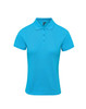 A women's polo shirt in bright aqua blue, featuring a collar and three-button placket. Includes a logo.