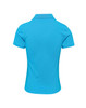 A turquoise women's polo shirt featuring a classic pique texture and a collar, with a logo on the back.