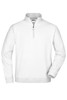 A white round-neck zip jumper with long sleeves and a half zipper at the collar, featuring a branded label.