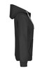A side view of a ladies' double-face jacket in black with a grey hood and drawstring. The jacket features a pocket and has branding.