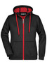 A black and red doubleface jacket with a zip front, hood, and two front pockets. It features a logo on the label.