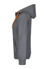 A ladies' doubleface jacket in grey with an orange hoodie and pocket, featuring a branding logo.
