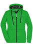 A green double-faced jacket with a hood, featuring a grey interior and a zippered front. It has a logo on the label.