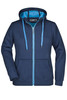 A ladies' doubleface jacket in navy blue, featuring a blue hood lining and front zip with pockets.