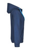 A navy blue ladies doubleface jacket with a hood and turquoise drawstrings, featuring a pocket and branding.