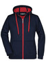 A navy blue double-faced jacket with a red hood and zipper, featuring front pockets and drawstrings.