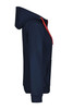 A navy blue ladies doubleface jacket with a hood and red accents, featuring a front pocket.