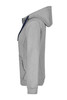 A grey ladies' doubleface jacket with a hood and a front pocket, featuring a navy blue lining. It has a logo.