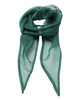 A green chiffon scarf with a lightweight, sheer design, featuring a delicate, flowing look and a simple branding logo.