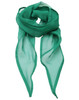A green chiffon scarf with a silky finish, featuring two pointed ends and a delicate lightweight texture.