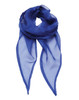 A blue chiffon scarf with a lightweight, sheer fabric and pointed ends. It has a logo.