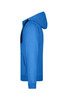A blue men's doubleface jacket featuring a hood and front pocket, with a logo on the side.