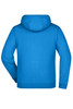 A blue men's double-face jacket with a hood, featuring a plain back design and a logo.