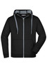 A black men's doubleface jacket with a grey-lined hood and a front zipper, featuring a logo on the label.