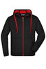 A black jacket with a red inner lining and accents, featuring a zip front and hood. It has a logo on the label.