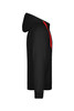 A black men's doubleface jacket with a red hood and detailing, featuring a logo.