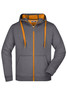 A grey doubleface jacket with orange accents and a hood, featuring a front zip and pockets. It includes a logo.