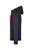 A dark navy men's doubleface jacket with a red hood, featuring a pocket and a logo.