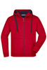 A red men's doubleface jacket featuring a hood, zip closure, and navy accents with front pockets.