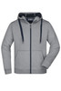 A grey men's doubleface jacket with a zip-up front and a hood, featuring navy accents and front pockets.