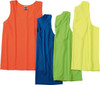 A collection of four tank tops in vibrant orange, blue, green, and bright yellow, featuring a logo on each.