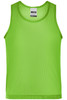 A bright green mesh tank top with a sleeveless design and a round neckline. It features a logo on the label.