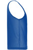 A blue mesh training singlet with a sleeveless design and a rounded neckline. Features a branding logo.