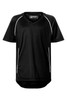 A black t-shirt featuring short sleeves, a v-neck, and contrasting side piping. It has a logo or branding.
