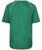 A green T-shirt with white piping, featuring a logo on the back.