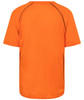 An orange T-shirt featuring black accents, designed with a comfortable fit and a logo on the back.