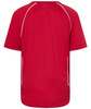 A red T-shirt with a plain back design and white piping details on the sides. It features a logo.