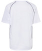 A plain white short-sleeve t-shirt with black accent stitching and a logo on the back.