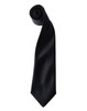 A satin tie in black, neatly rolled for display. The tie has a smooth finish and a classic shape.