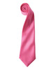 A pink satin tie rolled into a spiral shape, showcasing its smooth texture and vibrant colour. It features a logo.