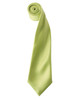 A pale green satin tie, neatly rolled, featuring a smooth, shiny finish and a branding logo.