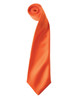 An orange satin tie displayed in a rolled position, featuring a smooth texture and a sleek design.