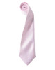 A pink satin tie rolled neatly, featuring a smooth texture and tapered end. It has a logo on the tag.