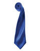 A blue satin tie in a rolled position, featuring a smooth, shiny finish and a pointed tip.