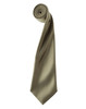 A rolled satin tie in a muted olive green colour with a smooth finish and a logo at one end.