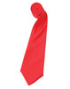 A red satin tie, neatly rolled, featuring a smooth texture and a clean finish. It includes a logo.