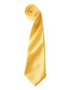 A yellow satin tie rolled neatly, featuring a smooth finish and a branding logo.