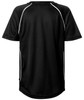 A black junior T-shirt with white piping, featuring a logo on the back.