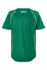 A green T-shirt with short sleeves and contrasting white piping, featuring a logo on the front.