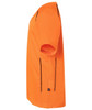 An orange t-shirt with black accents, featuring a logo on the side. Suitable for team activities.