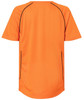 An orange T-shirt with black detailing and a rounded bottom hem, featuring a logo on the back.