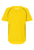 A bright yellow T-shirt with black accent lines and a V-neck design. It features a branding logo.