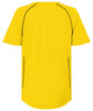 A bright yellow T-shirt with black piping details and short sleeves, featuring a logo.